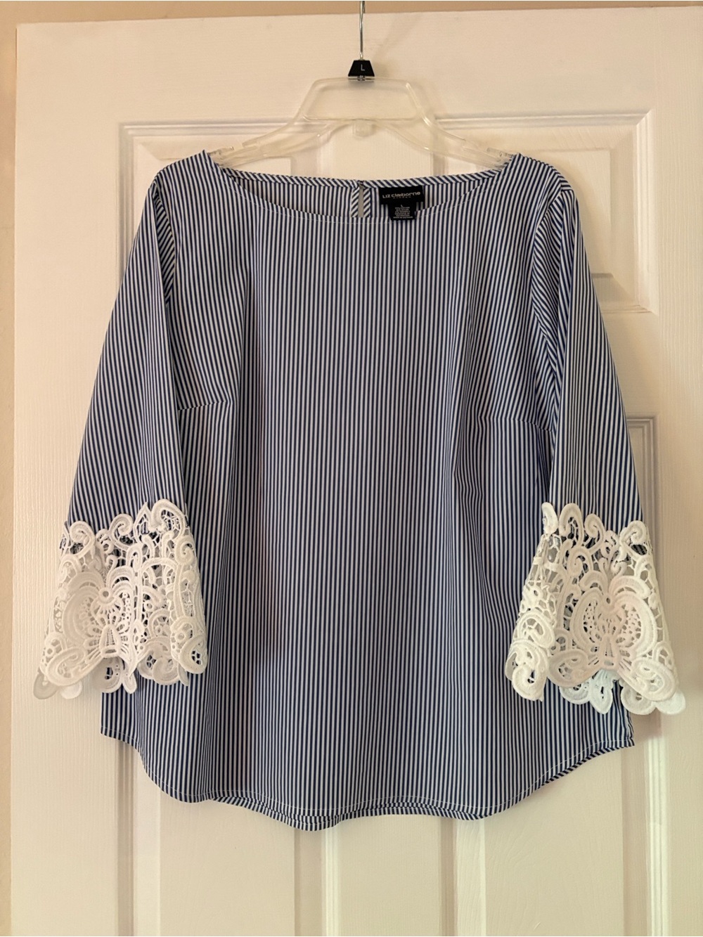 Liz Claiborne Navy and White Pinstripe Blouse with Lace Bell Sleeves